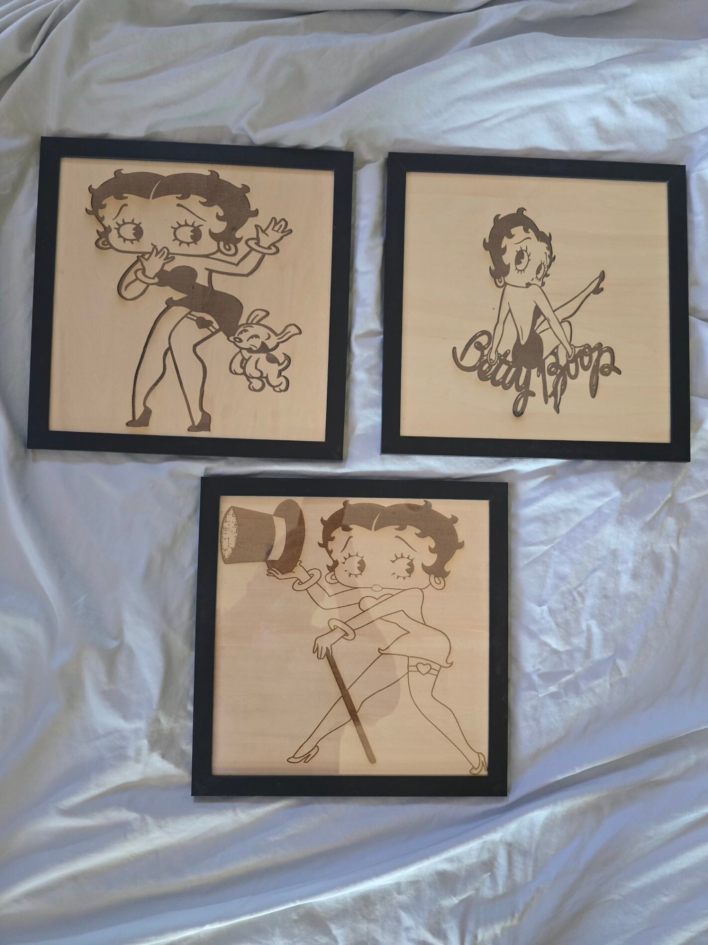 “Classic Betty Boop Collection — 12X12 Laser Engraved Basswood Wall Art Set”